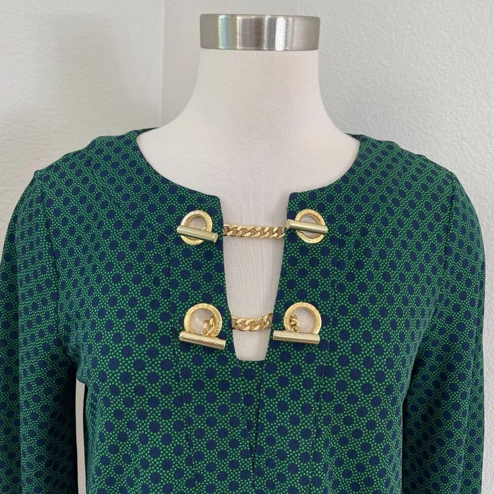 Michael Kors Womens Medium Green‎ Navy Polka Dot Tunic Top Gold Chain Detail